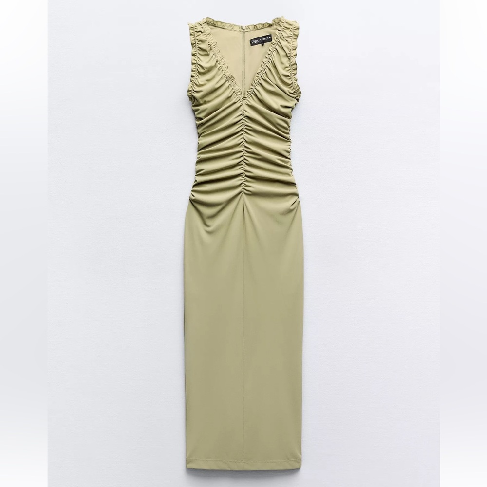 Zara Green Ruched Midi Dress